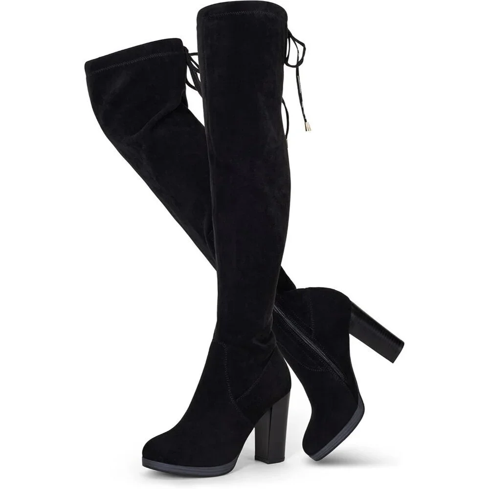 Women's Black-imitation Grain Suede Thigh High Over The Knee Rounded Toe Boot